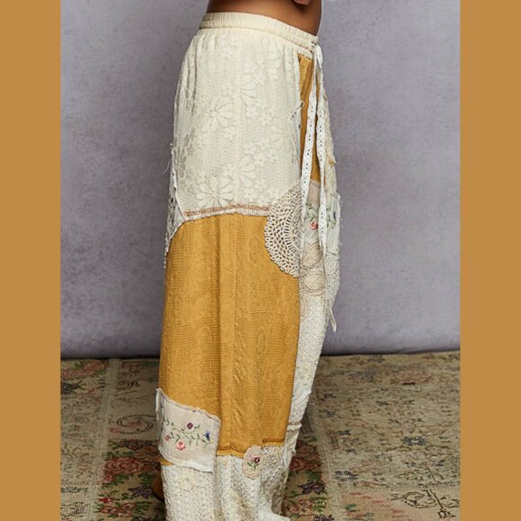 🔥🍫POL Vintage-Inspired Patchwork Cotton Pants – Boho Lace Honey Gold - Picture 5 of 16